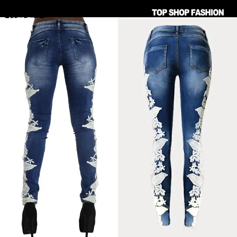 Женские Модные кружевные джинсы с вырезами обтягивающие женские узкие брюки