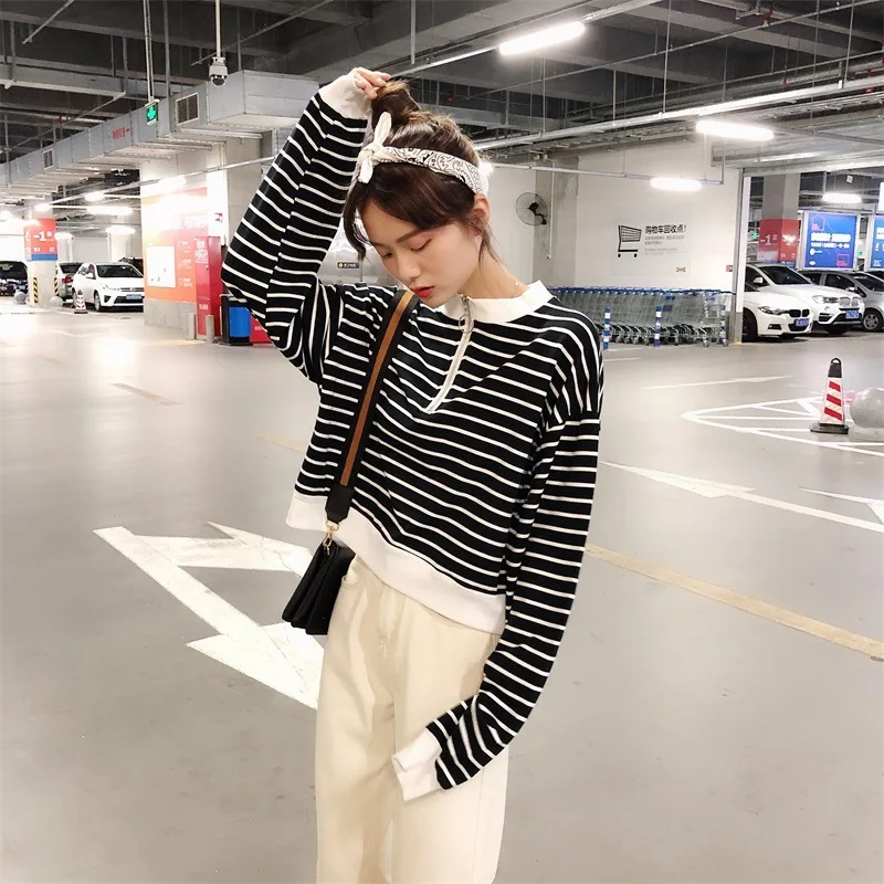

fish scale cotton: 2020 autumn long-sleeved T-shirt women's new Korean version of the round collar zipper striped thin sweater