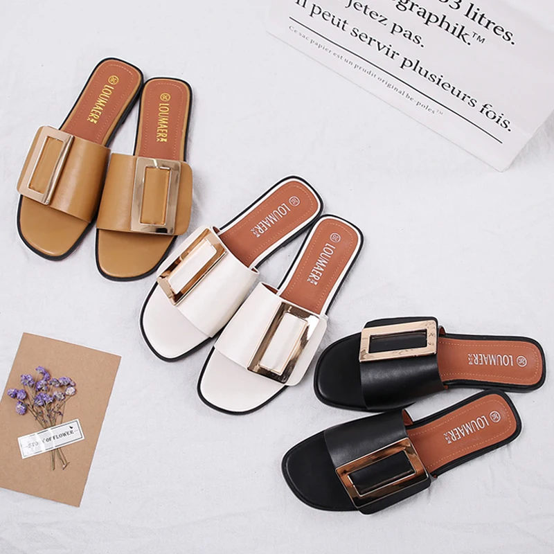 Сланцы женские с квадратным носком модные шлепанцы пряжкой летняя обувь для