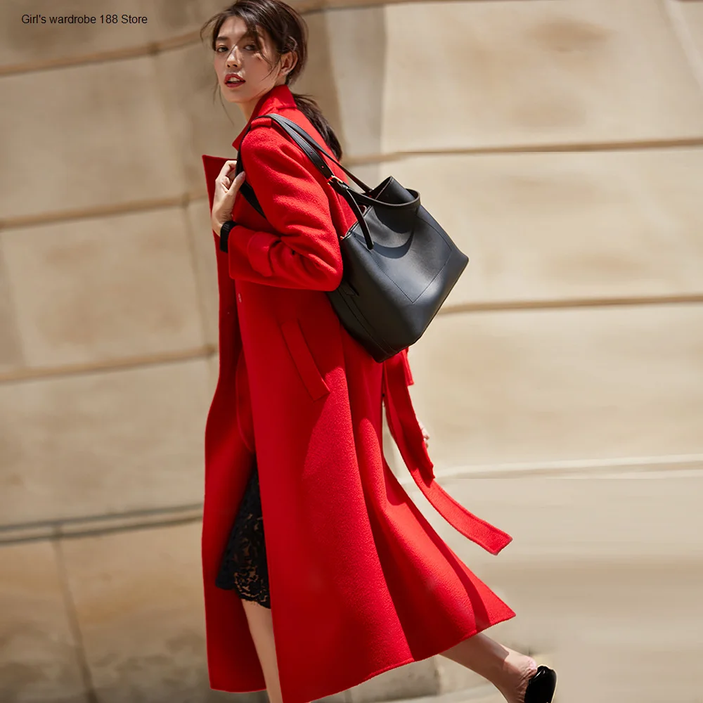 

Новое двухстороннее шерстяное пальто для женщин, ультрадлинное и легкое Ручное шитье