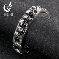 fongten skull head charm bracelet bangle gothic biker men stainless steel curb cuban link chain bracelets fashion jewelry