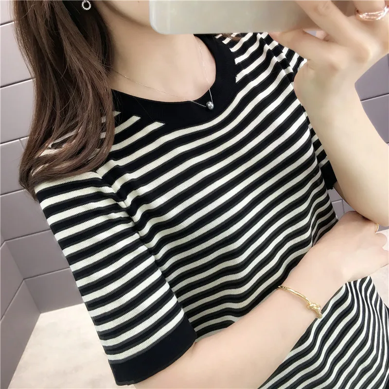 Женская футболка сезон весна-лето 2020 новые футболки топы вязаные в полоску с