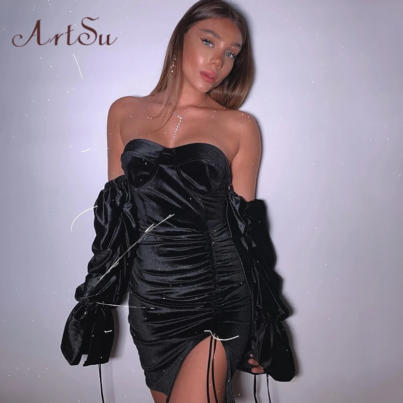 Artsu Novely сексуальное черное мини платье с открытыми плечами вечерние платья