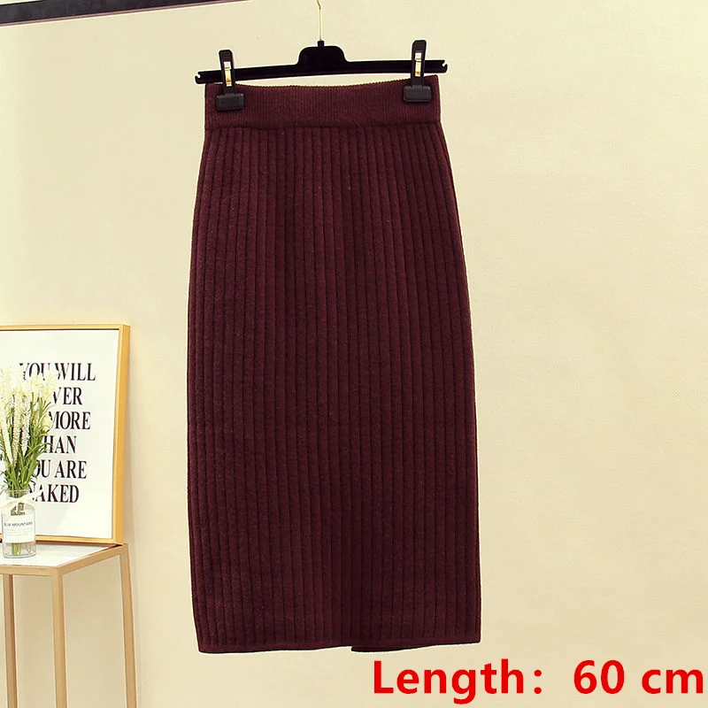 coffee-length 60cm 60-70 см эластичные женские юбки осень зима теплая трикотажная прямая юбка ребристая юбка средней длины черная - Цвет: coffee-length 60cm