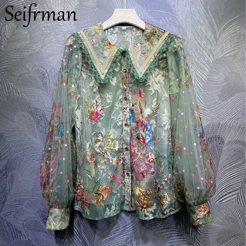 Seifrmann Novo Verão Moda Feminina Designer Malha Camisas Lanterna Manga Rendas Bordado Solto Impressão Topo Chiffon Blusas 2021