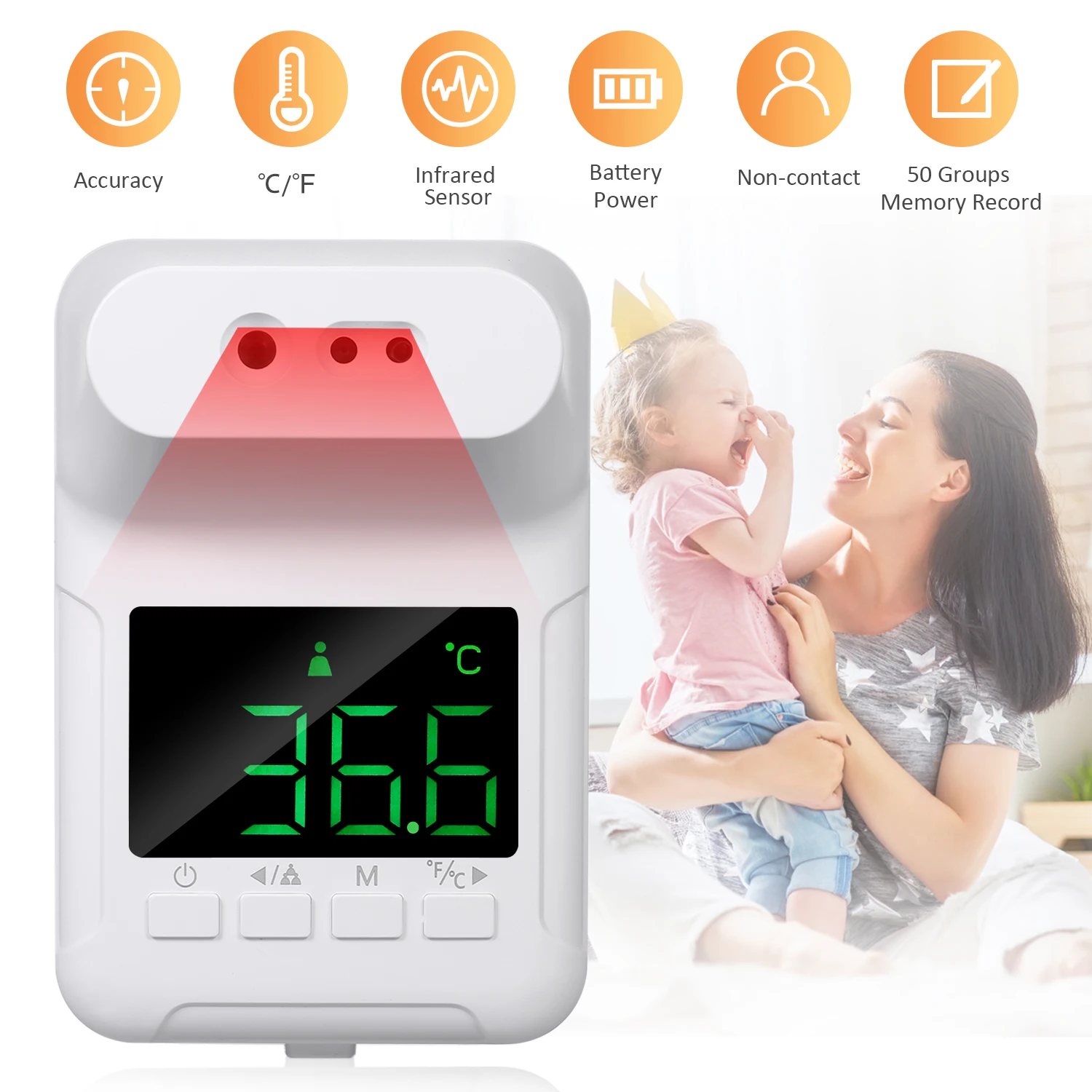 Infrared Forehead Hanging Thermometer LED Display High Temperature Buzzer Alarm Unit Changeable 50 Memory Groups for Baby Adults |