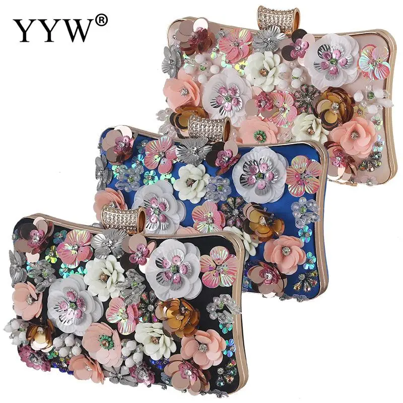 

Satin Flower Beading Evening Party Clutch Bag for Women Wedding Party Handbag Chain Solid Purses and Handbags Faux Crystals