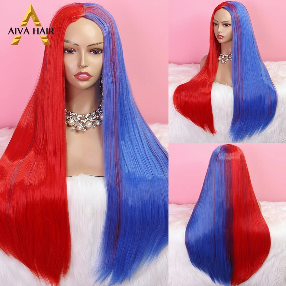 

Aiva Hair Long Straight Synthetic Wig High Temperature Fiber Half Red Blue Non-Lace Wig Blonde Grey Cosplay Wigs For Black Women