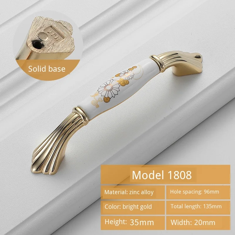 JD European Cabinet Wardrobe Door Single Hole Handle Gold Ceramic Handle Modern American Flower Pattern Drawer Furniture Handle - Цвет: 1808-C.C96mm