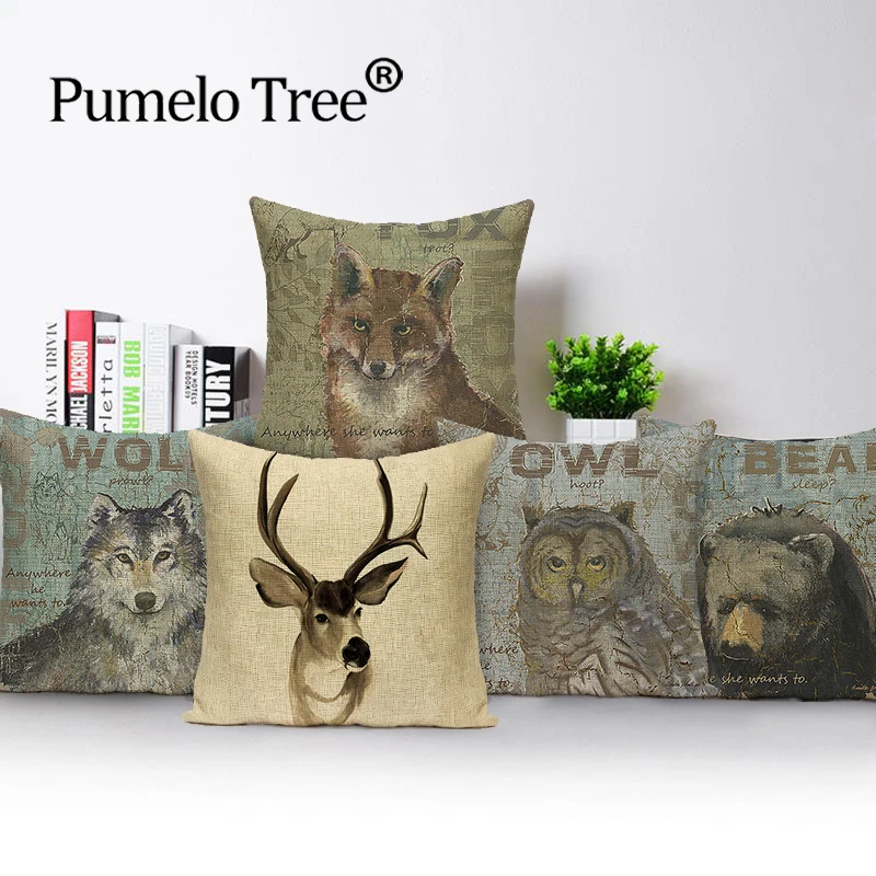

Vintage Gray Cushion Cover Farmhouse Decoration Pillows Case Deer Gray Wolf Animal Pillows Cases Linen Sofa Bed Cushions Covers