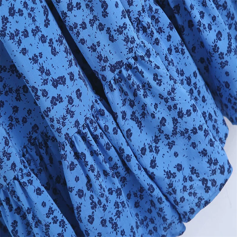 

Za 2021 floral print midi dress women summer straight neck strap blue dresses vintage elastic smocked tiered pleated woman dress