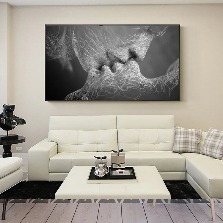 Картина на холсте с изображением поцелуев 3 цвета черный синий желтый для