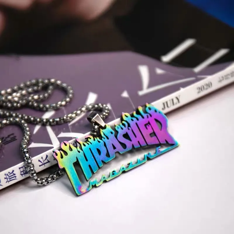 

Hip Hop Flame Thrasher Dazzle Color Pendants Letter Necklace For Men/Women New Fashion Street Titanium Steel Accessories Jewelry