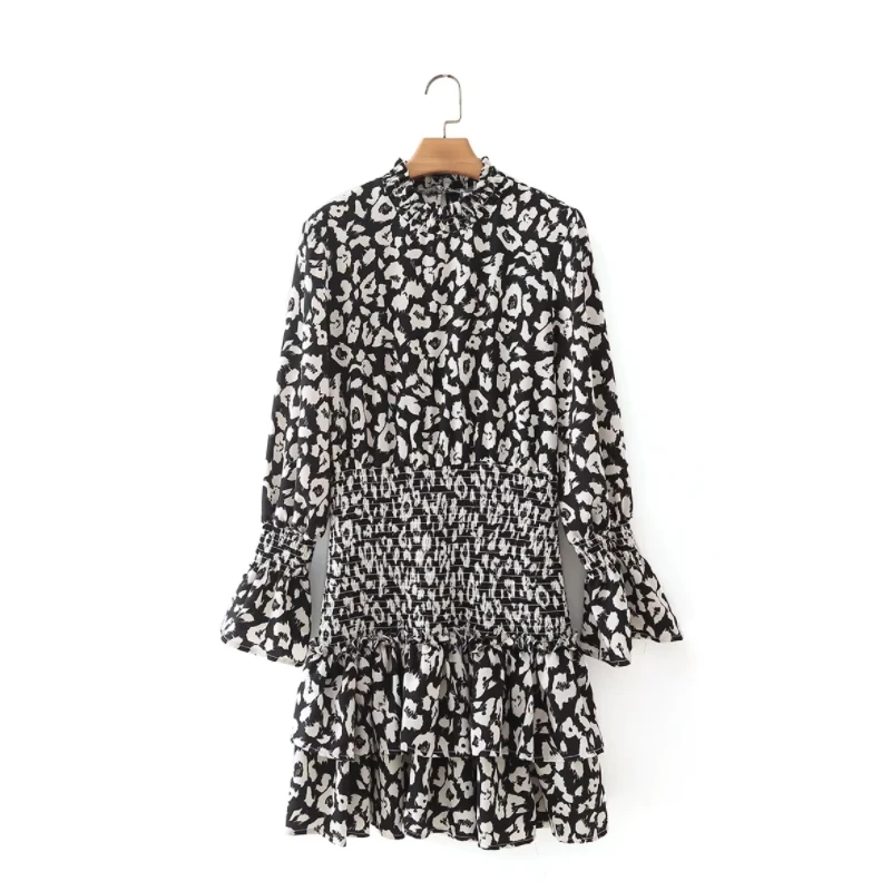 

Women Leopard Print Ruffled Hem Slim Mini Dress Female Long Sleeve Clothes Casual Lady Vestido D8806