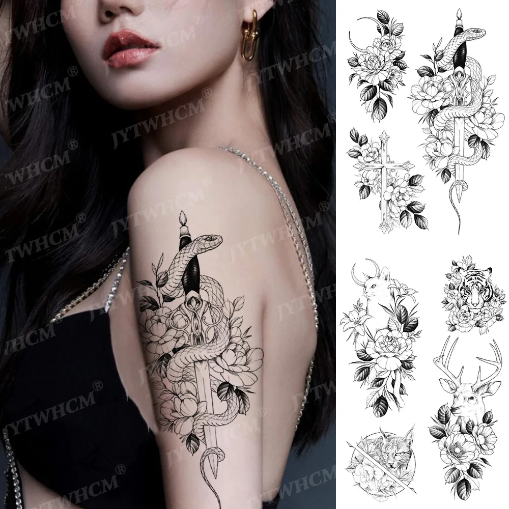 

Fake Tattoo Edges Waterproof Stickers Sleeves Snake Temporary Tattoos Design Flower Deer Body Art Arm Black Sketchs Faux Tattoo