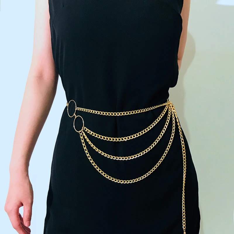 

Women Fashion Retro Metal Waist Chain Belt Hip High Waist Gold Narrow Metal Chain Chunky Fringes