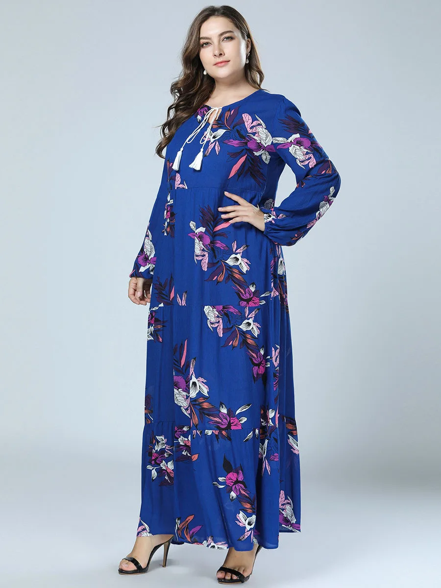 

Muslim Dress Islamic Clothing Large Size Autumn Women's Moroccan Kaftan Long Sleeve Print Musulman Femme Dress