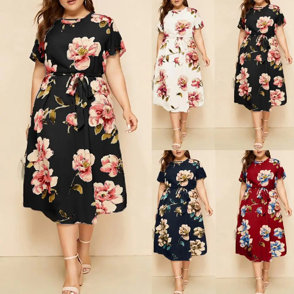 

Women Printed Pattern Dress Summer Short Sleeve O Neck High Waist Large Ham Loose Long Dress Women Casual Dress for Work 2021
