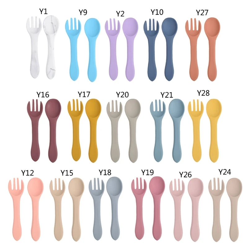 

2PCS Baby Soft Silicone Fork Spoon Feeding Set Kid Dishes Toddlers Infant Feeding Accessories Silicone Tableware D0AF