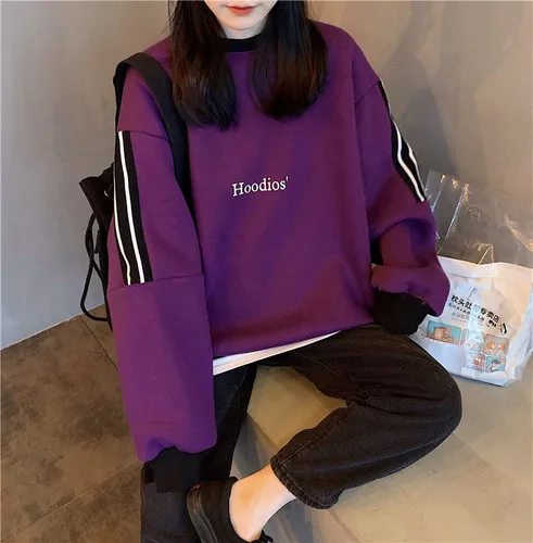 Velvet Casual Letter Pinted Striped O-neck Patckwork Halajuku Simple Winter Warm Female Women Long Sleeve Sweatshirts | Женская одежда
