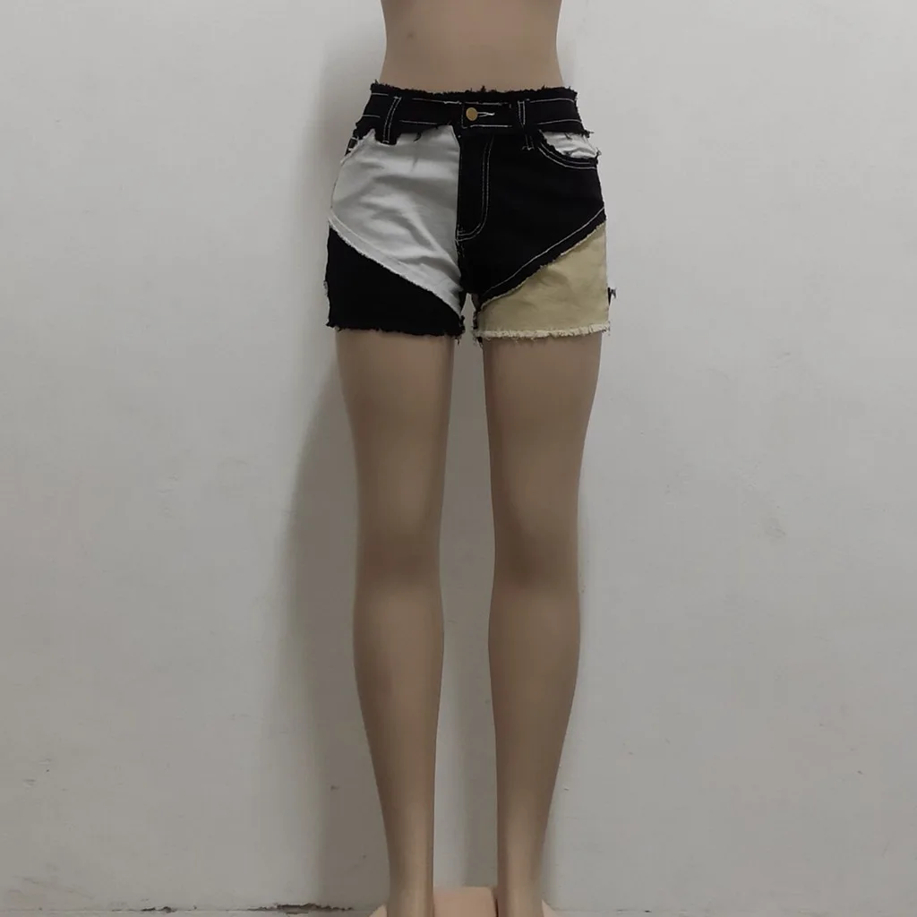 Patchwork Denim Shorts Women Casual Ripped Jean Shorts Irregular Straight Leg Shorts Summer Female Street Clothing