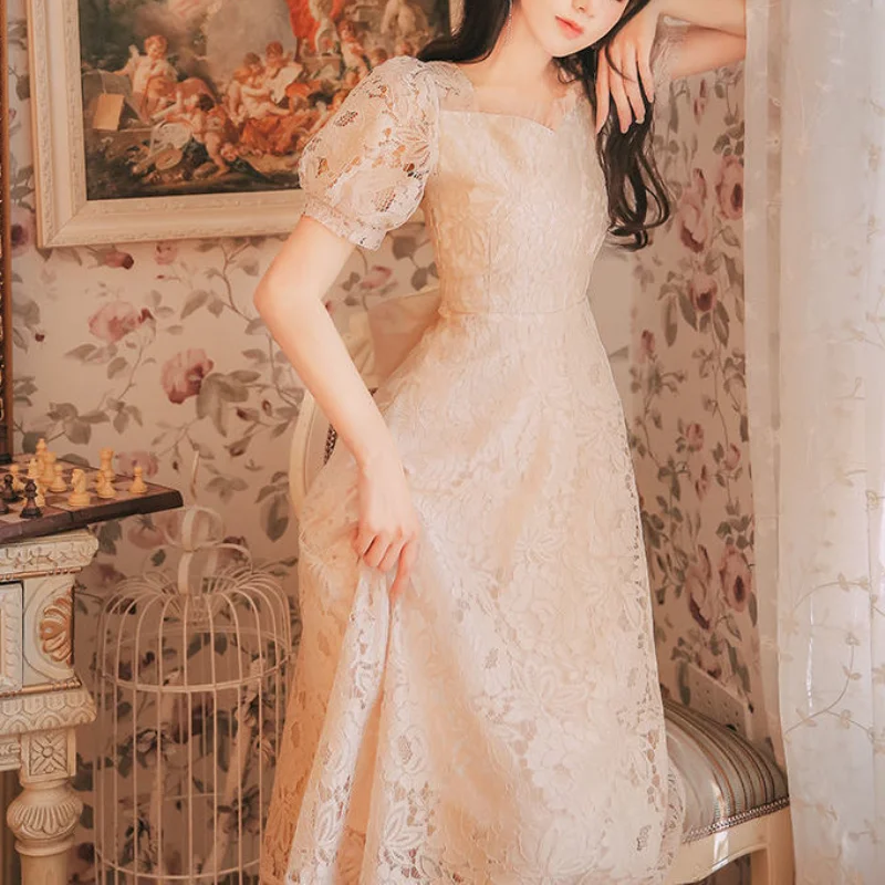 

French Fairy Vintage Dress 2021 Summer Bowknot A-Line Elegant Lace Dress Female Square Collar One Piece Dress Korean Weddings