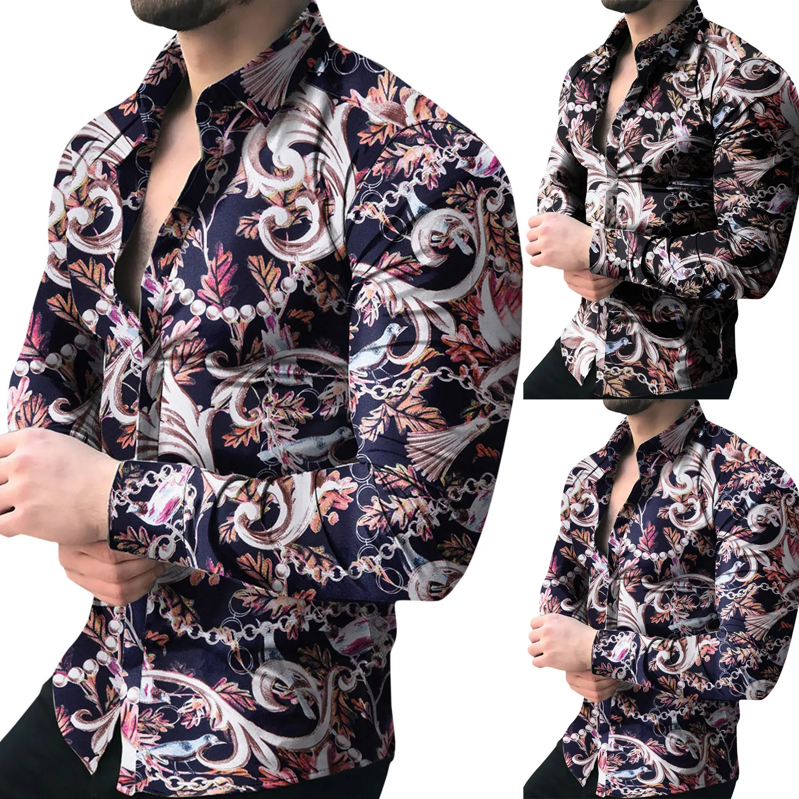 

Мужская осенне-зимняя Повседневная рубашка с принтом птиц рубашка с длинными рукавами на пуговицах лацканами Повседневная рубашка с принт...