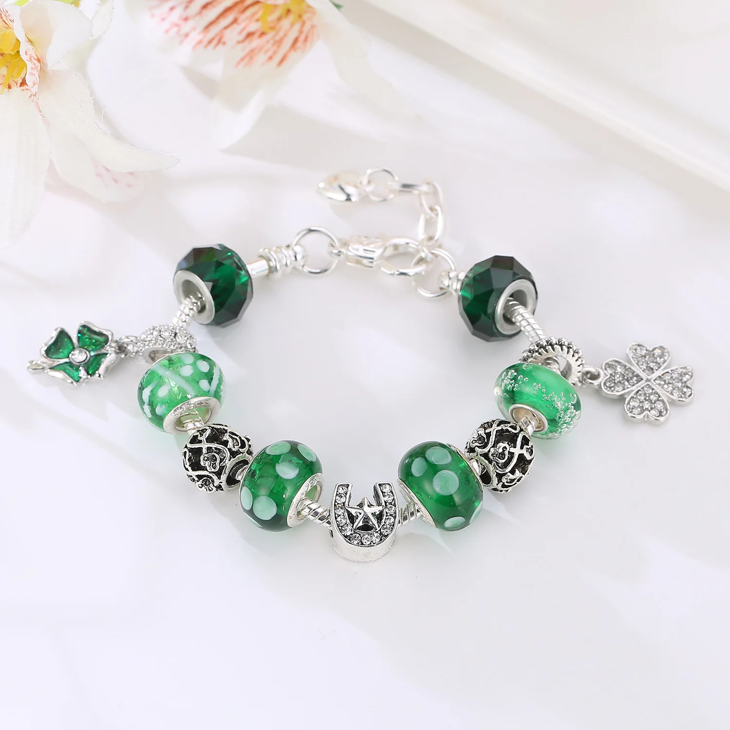 Дропшиппинг Винтажный стиль Европейский Зеленый Кристалл Шарм Пандора браслет