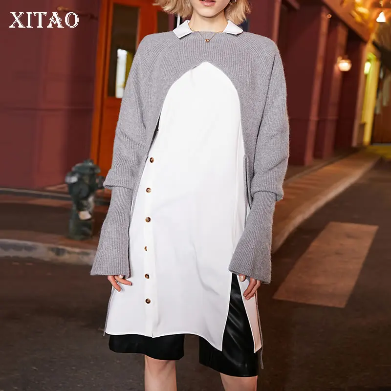 

XITAO, Зимний новый свитер, ажурный бандаж, два способа одевания, однотонный вязаный пуловер, Женский Топ, мода 2021, LDS0160