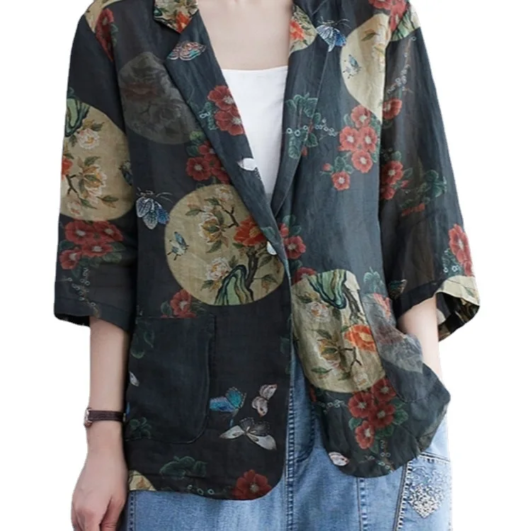 

Vintage Casual Women Blazer Thin 2021 Autumn Three Quarter Sleeves Suit Coats Large Size L-2XL Loose Notched Neck Ladies Blazers