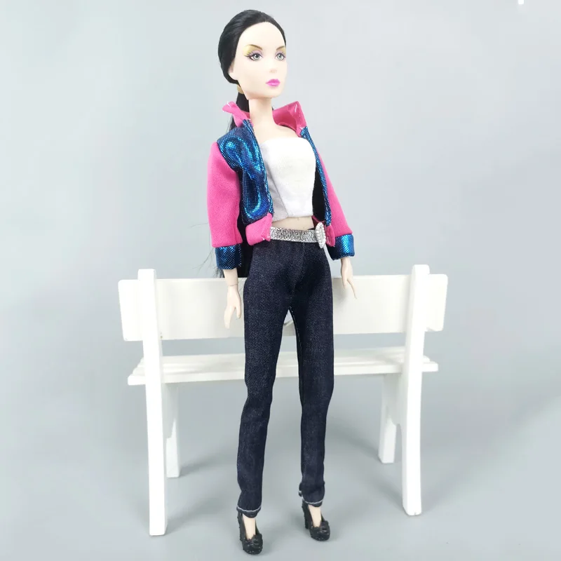 1 комплект модная одежда для куклы Барби розовая синяя куртка джинсы штаны
