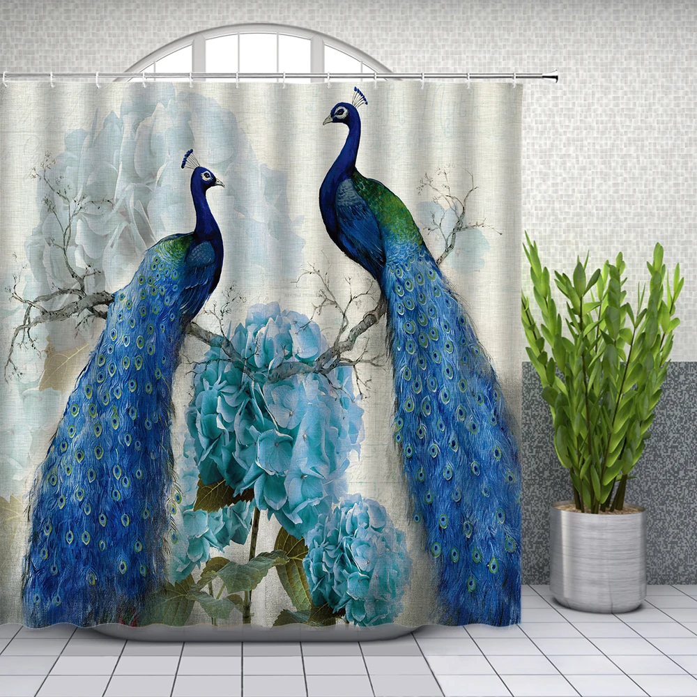 blue peacock shower curtains beautiful watercolor bird flower peony pattern bathroom decor bathtub waterproof cloth curtain set free global shipping