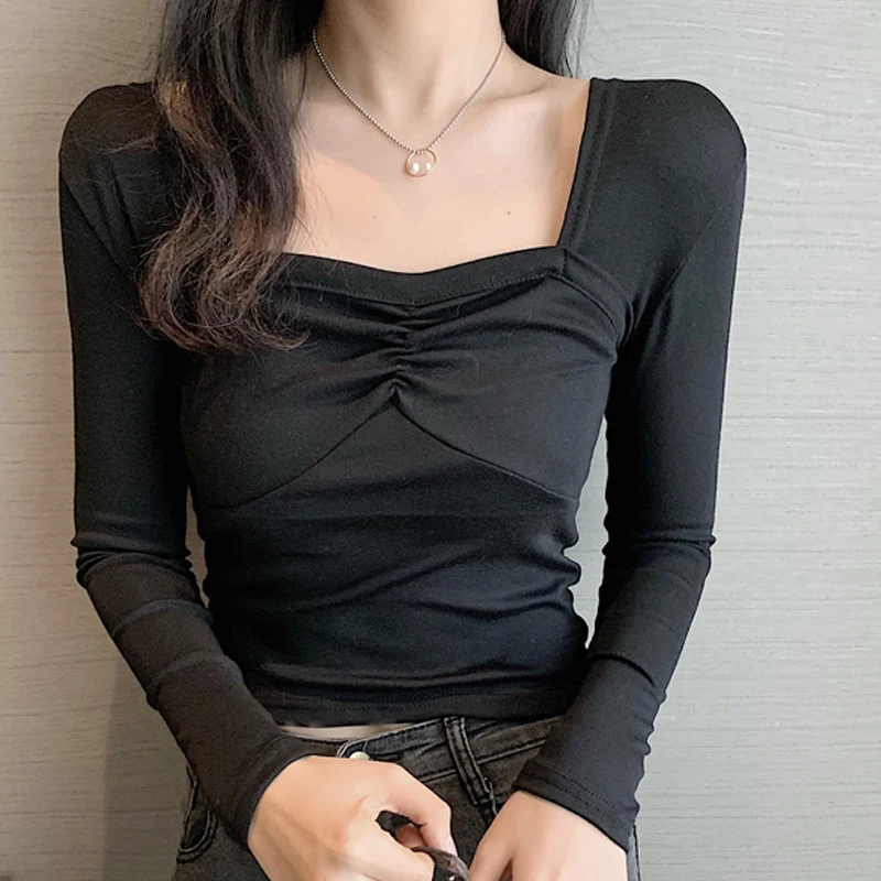 

Женская футболка с квадратным вырезом shintimes, плиссированная футболка с длинным рукавом, базовая короткая футболка для осени, 2019