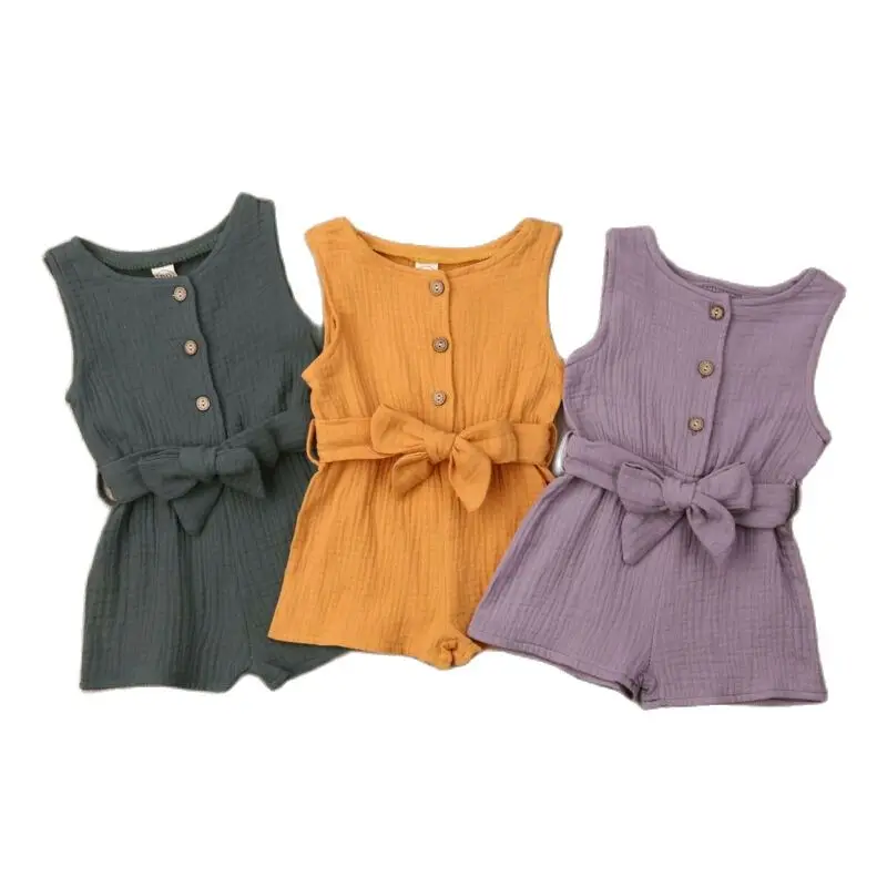 

Newborn Baby Girl Kids Solid Romper Jumpsuit Playsuit Sleeveless Linen Clothes Belt Cute Outfit