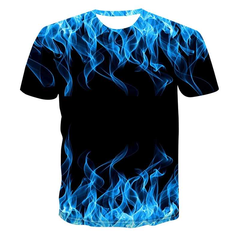 

2021 Summer Short Sleeve Creative Men T-Shirt Blue Flame Print Tshirt O-Neck Quick Dry Fashion Male Female All-Match Tee Tops