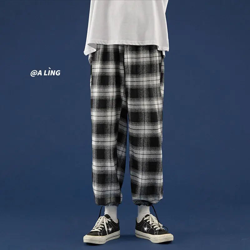 

Брюки мужские клетчатые в стиле ретро, модные повседневные штаны с широкими штанинами, уличная одежда, свободные прямые брюки в стиле хип-хо...