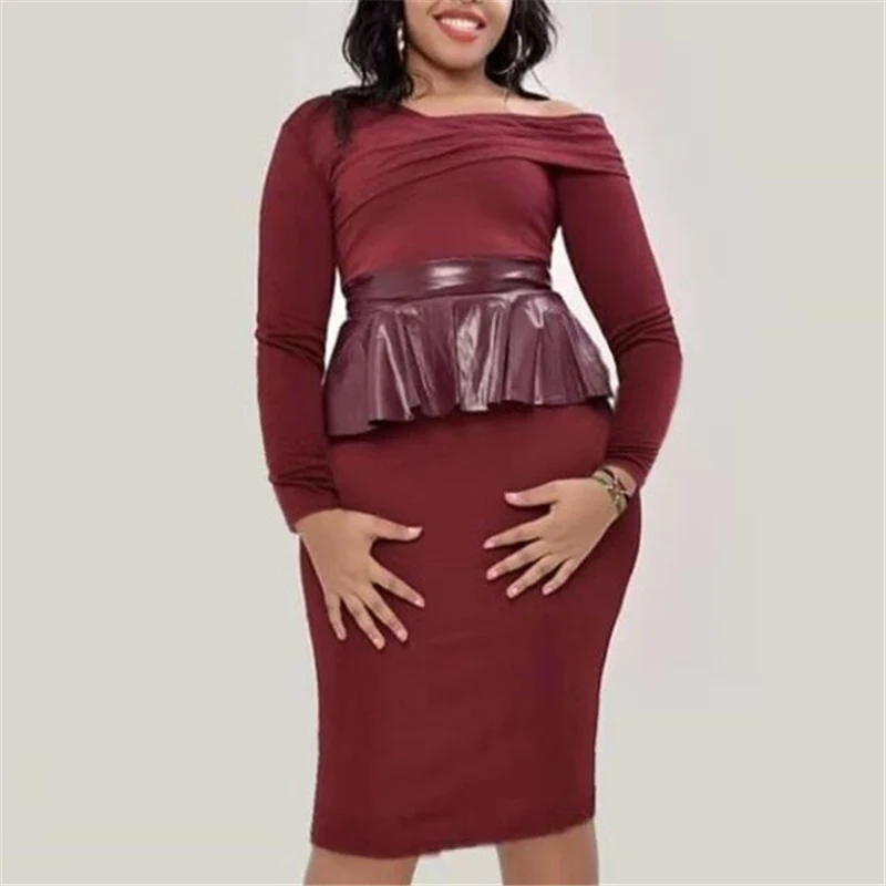 Sexy Bare Shoulder Peplum Patchwork PVC Bodycon Women Dresses Officewear Long Sleeve Package Hip Black Plus Size XXL Female Robe