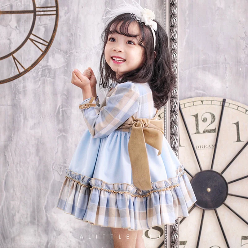 2020new Spanish Court Spring Summer Child Skirt Heavy Work Blue Lattice Girl Dress Birthday Princess Flower Dresses | Детская одежда и