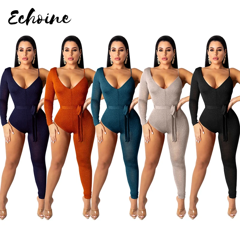 Черный одно плечо Брюки Базовый ночной клуб Шелковый комбинезон женский