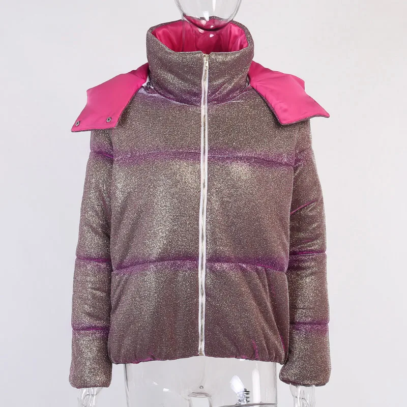 2021 Winter Women Shining Cotton Padded Hooded Coat Fashion Stand Collar Long Sleeve Warm Zipper Outwear Thick Hoodies Jacket