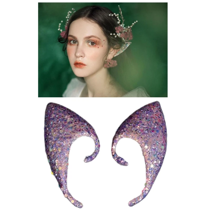 

1 Pair Shiny Sequins Angel Elf Ears Silicone Fake Ear Prop Halloween Party Decor J60B