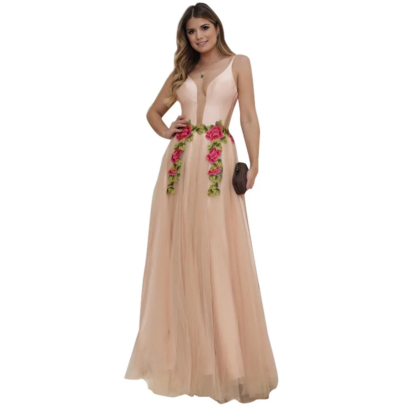 

Women Banquet Dress Sexy V-neck Suspender Dress Elegant Fashion Voile Mesh Embroidery Dress Ladies England Style Formal Dress