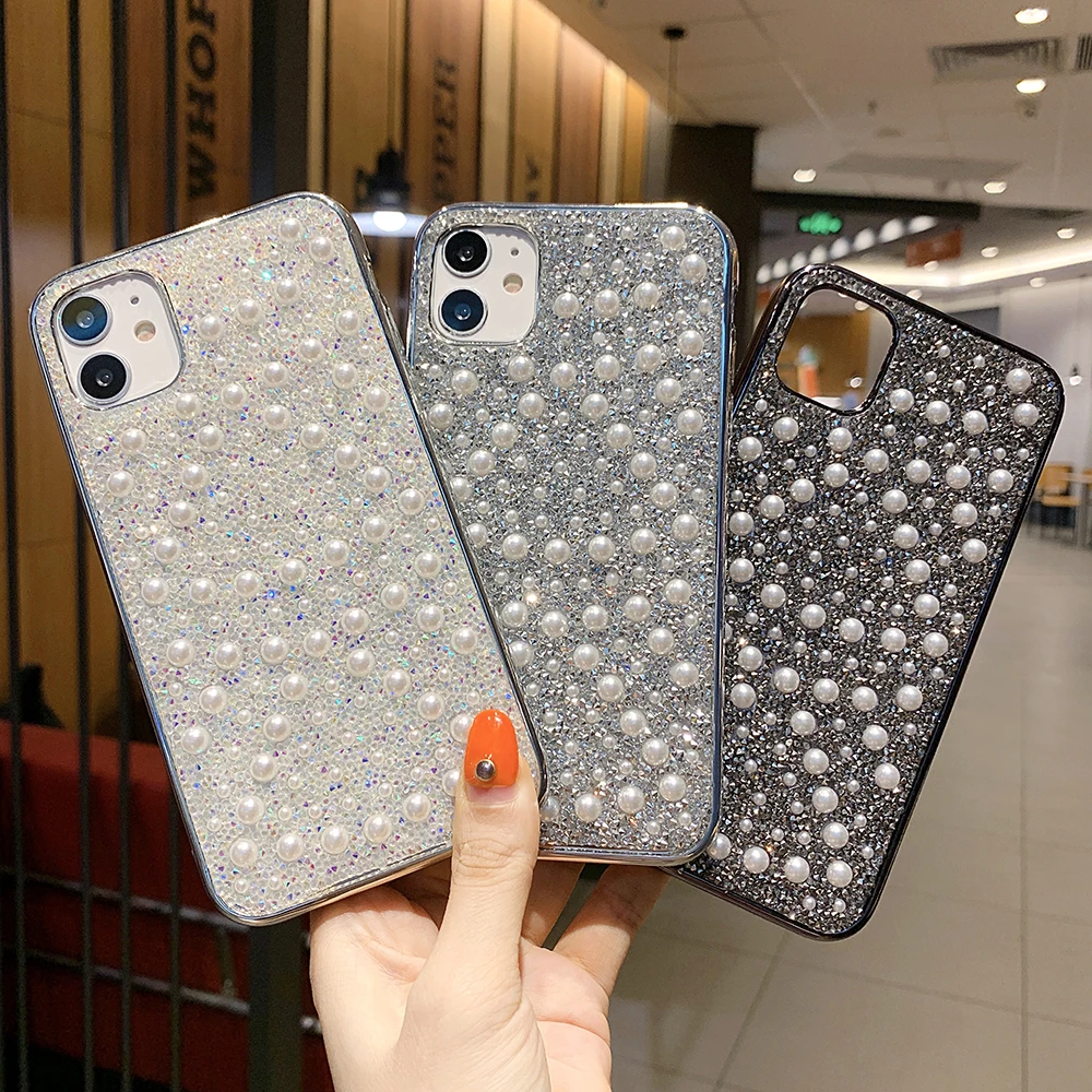 Pearl Rhinestone Bling Glitter Case for IPhone 12 Mini 11 Pro XR XS Max X 8 7 Plus Shockproof Phone Cover Coque Funda | Мобильные