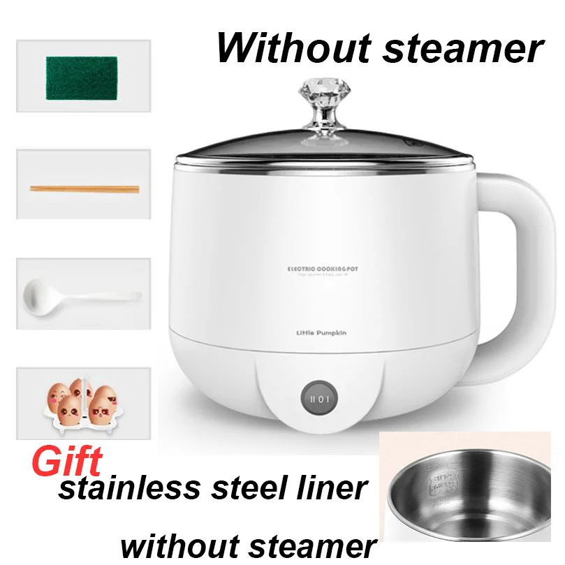 Stainless without st Multifunctional Electric Cooker 220V Heating Pan Electric Cooking Pot Machine Hotpot Noodles Eggs Soup Steamer mini rice cooker - Цвет: Stainless without st