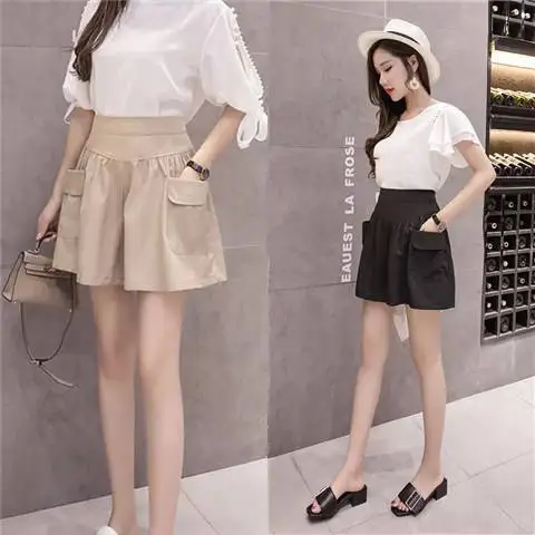 

Women 2020 Summer Elastic High Waist Wide Leg Shorts Female Solid Color Casual Loose Cool Shorts Drawstring Pantalon Corto Y124