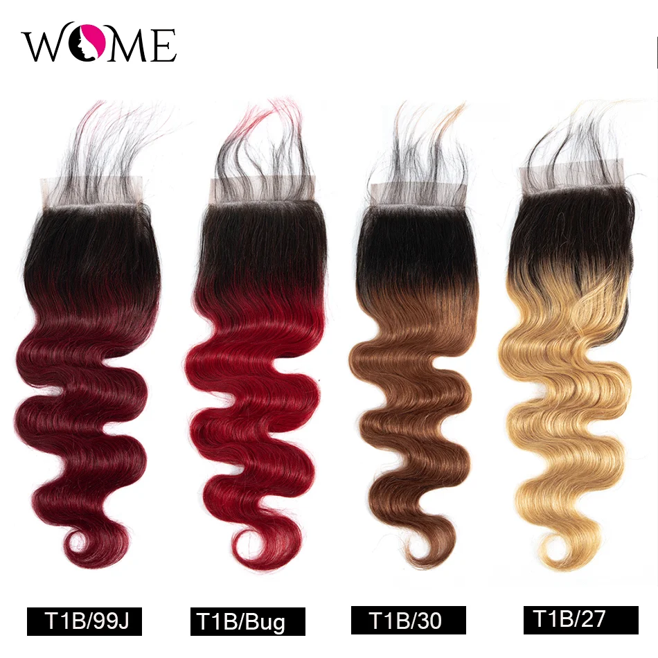 Wome Hair Closure Ombre Colored T1B/99J/Bug/27#/30 Lace Closure 4X4 Brazilian Straight Hair Closure Human Hair Remy Closures