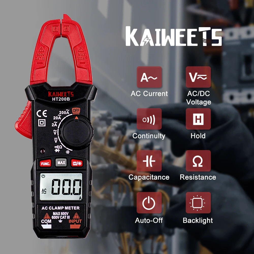 Мультиметр-зажим KAIWEETS HT200B цифровой тестер для измерения емкости и силы тока AC/DC
