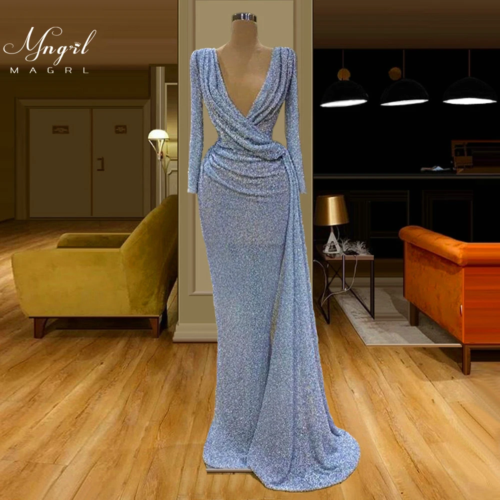 

MNGRL Luxury Evening Dress One-shoulder Long Sleeves Hand-applied Diamonds Glittering 2021 New Evening Dress Party Dress