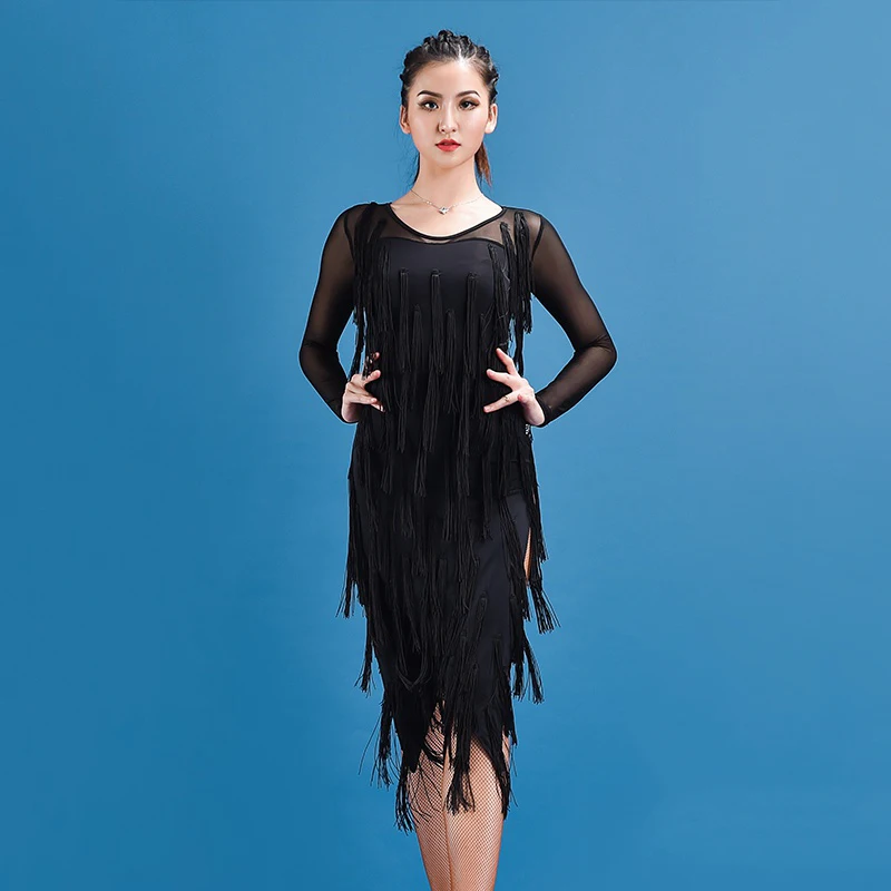 

Latin Dance Dress Female Adult Evening Party Black Dresses Art Test Danse Competition Suit Professional Sexy Fringe Dress 3453