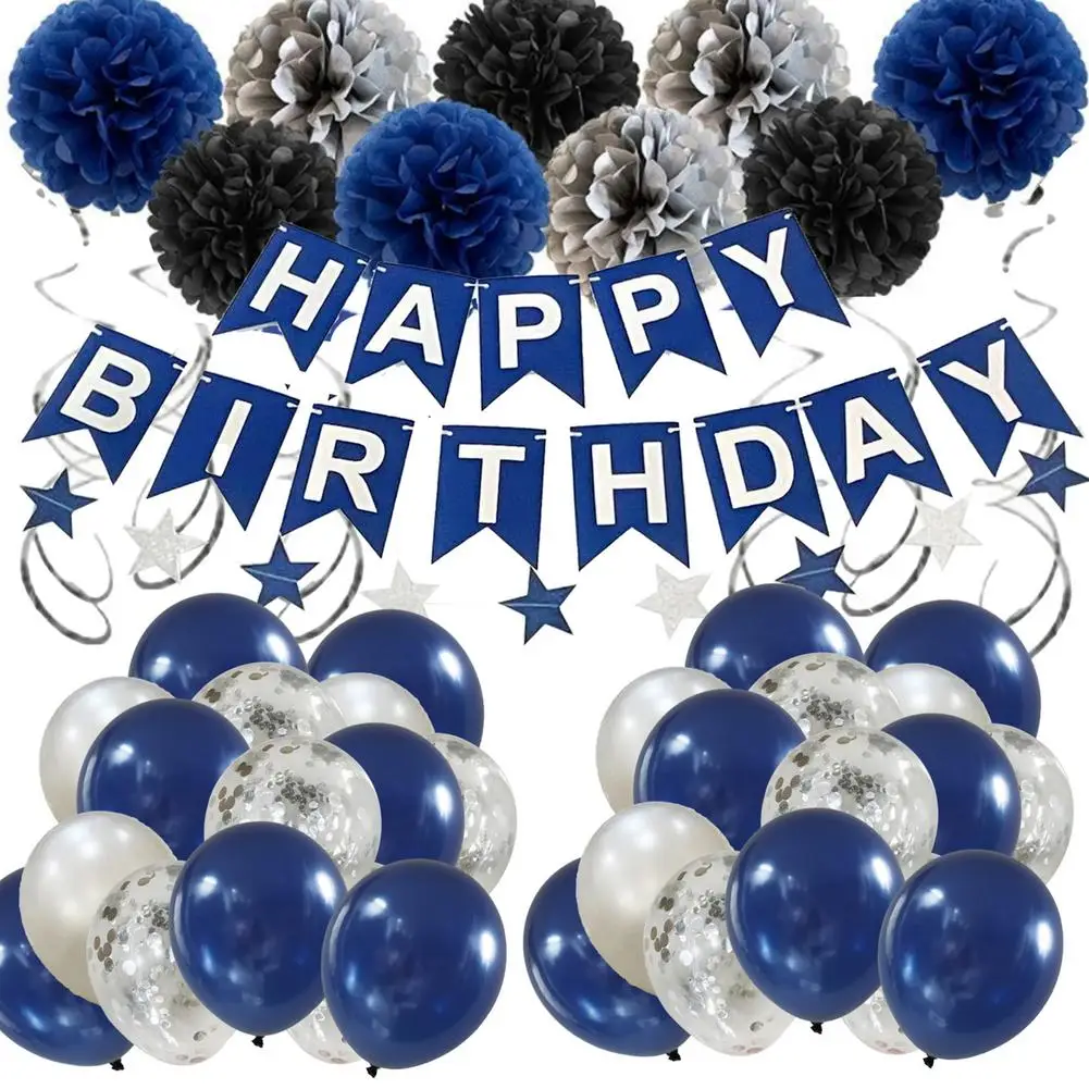 

Navy Blue Birthday Decorations with Banner Silver Balloons Star Royal Blue Paper Flower Ball Balloon Set Party Holiday Decor